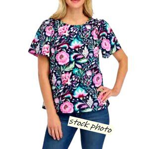 Crown Ivy Navy Floral Poplin Top Size LARGE Ruffle Preppy Cottagecore Botanical